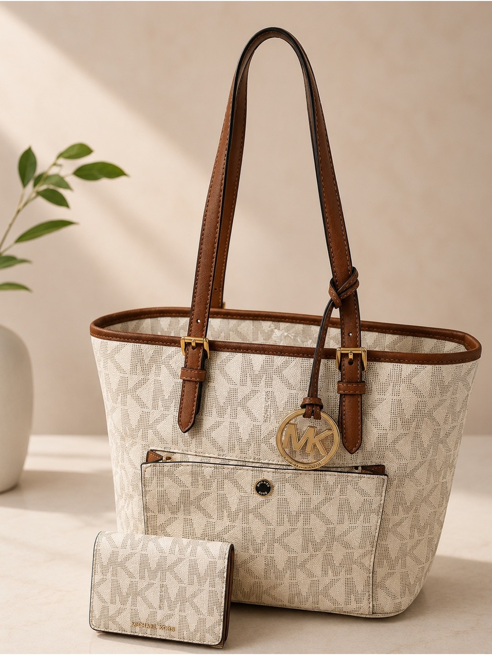 Michael Kors Jet Set Cream Signature Tote with Brown Trim and Wallet